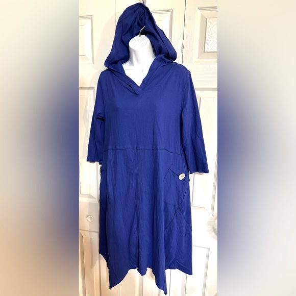 New SOFT SURROUNDINGS Lagunitas Hooded Midi Dress Blue Crinkle Pocket Asymmetric - Picture 7 of 13